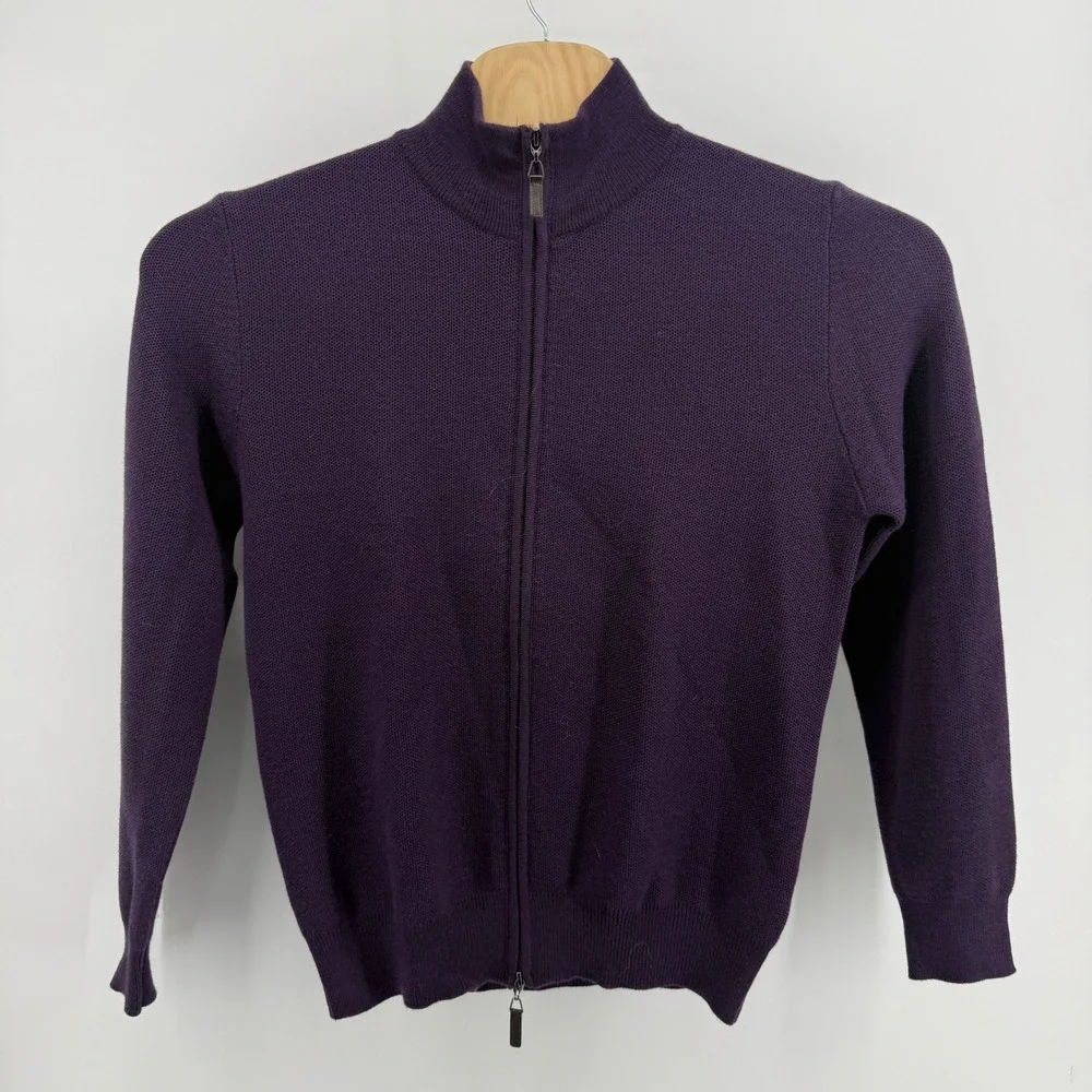 Paul Stuart Italy 100% Extrafine Merino Wool Full Zip Sweater Purple Mock Neck L